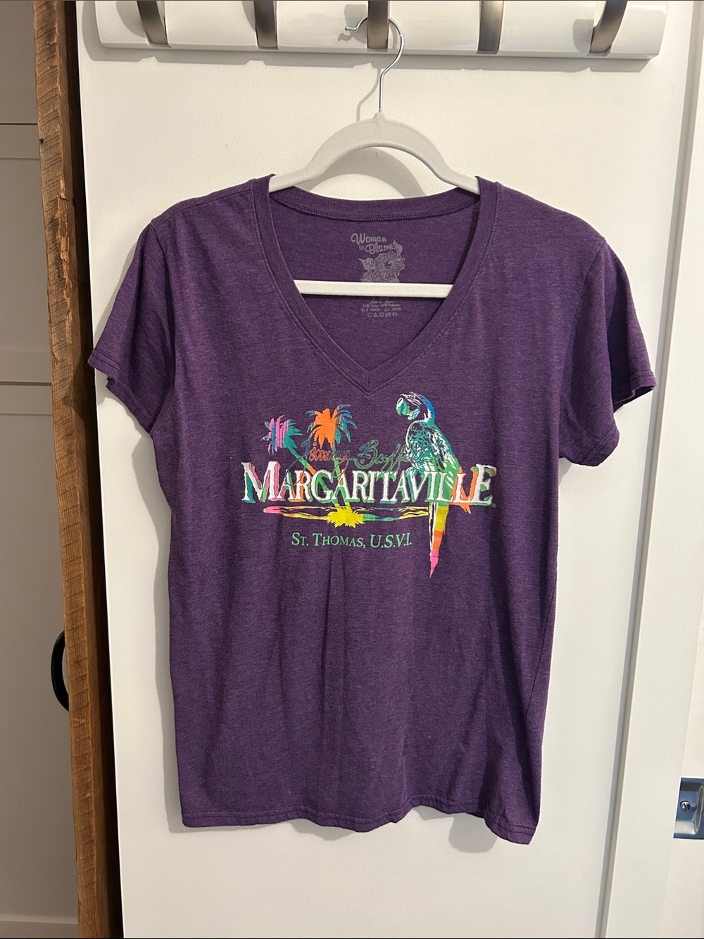 Margaritaville Purple V-Neck Tee with Tropical Parrot Print